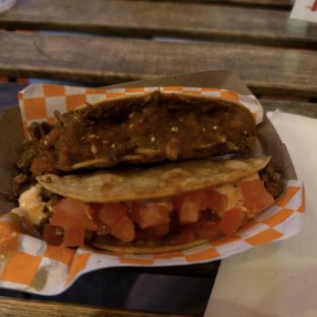 Wayne & Sons - ASADO TACO Pulled pork, salsa verde, beans  WAYNE'S CRUNCHY TACO Beef Picadillo, tomato, onion, smoky sauce - Tex-Mex Near Me - Brookyln, New York