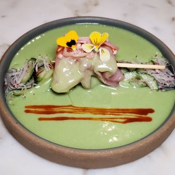 Kochi - MUL-HWE Yellowtail, pickled onion, cucumber radish salad, tiger's milk, chojang a pepper and bean paste, edible flowers. - Korean Near Me - New York, New York Kochi - MUL-HWE Yellowtail, pickled onion, cucumber radish salad, tiger's milk, chojang a pepper and bean paste, edible flowers. - Korean Near Me - New York, New York