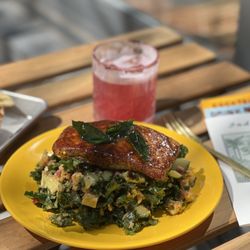 INDAY All Day - Kale crispy rice salad with tamarind glazed salmon and a hibiscus margarita. Yum!