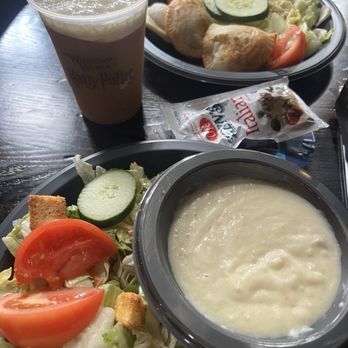 Three Broomsticks - Leek and potato soup and a side salad. Note the frozen Butterbeer! - British Near Me - Orlando, Florida Three Broomsticks - Leek and potato soup and a side salad. Note the frozen Butterbeer! - British Near Me - Orlando, Florida