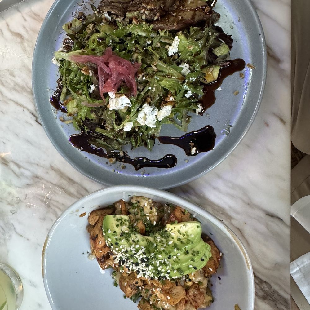 Chicken yakimeshi and pecan crusted steak salad