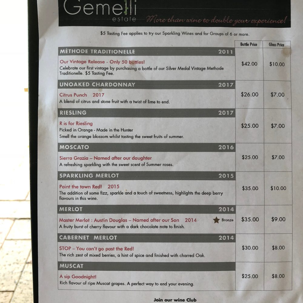 Gemelli Estate - Wine tasting menu (Nov. 2018) - Hotels Near Me - Pokolbin, NSW