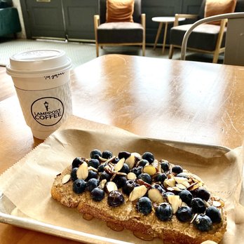 Lamppost Coffee - Lambda Latte and Nutbutter Banana Toast (w/ blueberries instead of bananas) - Coffee & Tea Near Me - Hutto, Texas