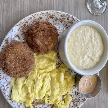 Dawn AM Eatery - Salmon Crochets, Eggs Scrambled Soft, and Jalapeño Cheesy Grits - Southern Near Me - Chicago, Illinois Dawn AM Eatery - Salmon Crochets, Eggs Scrambled Soft, and Jalapeño Cheesy Grits - Southern Near Me - Chicago, Illinois