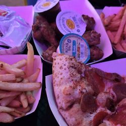 Fries, traditional wings, pepperoni pizza slices