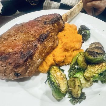 Bixby's Derby - VEAL CHOP brussels sprouts, sweet potato purée, exotic mushroom demi-glace - New American Near Me - Monticello, New York Bixby's Derby - VEAL CHOP brussels sprouts, sweet potato purée, exotic mushroom demi-glace - New American Near Me - Monticello, New York