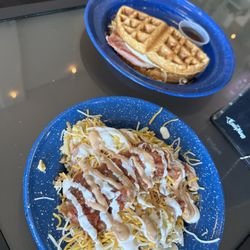 The Campfire, Home of Cowgirl Cookn - Breakfast, waffle sandwhich "Baked by the campfire" and egg scramble.