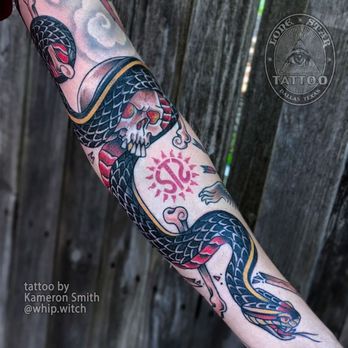 Lone Star Tattoo - Super sick snake and skull tattoo by @whip.witch Check out more of Kam's work on our website! - Tattoo Near Me - Plano, Texas Lone Star Tattoo - Super sick snake and skull tattoo by @whip.witch Check out more of Kam's work on our website! - Tattoo Near Me - Plano, Texas