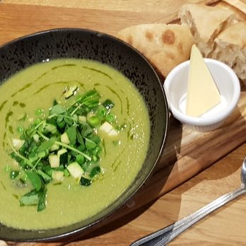 The Artisan Bar & Grill - Soup of the Day  - mint pea with small diced cumber and string beans, and water cress served with warm ciabatta - Steakhouses Near Me - Coventry, XWM
