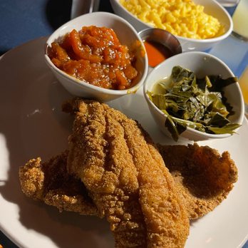 SavannahBlue - Catfish Plate with yams and greens. Side of Mac and Cheese - New American Near Me - Detroit, Michigan