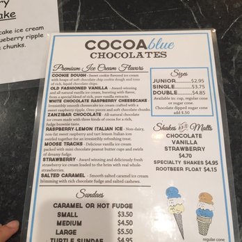 Cocoa Blue Chocolates - a menu and price card - Candy Stores Near Me - Rochester, Illinois