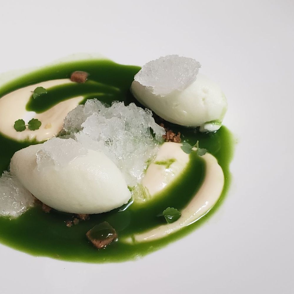 Oria - Dessert #1: lemon sorbet with basil sauce - Mediterranean Near Me - Barcelona, B Oria - Dessert #1: lemon sorbet with basil sauce - Mediterranean Near Me - Barcelona, B