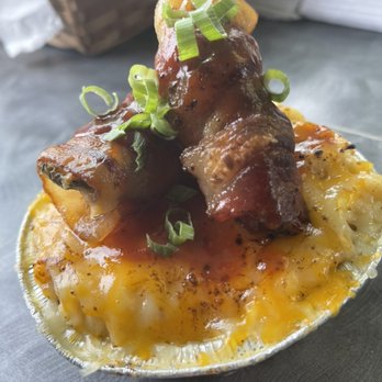 Barbecue Babes - Smokehouse Mac n Cheese topped two Smoky Bacon Wrapped Jalapeño Poppers with a drizzled Babes Sauce - Barbeque Near Me