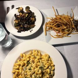 Food Glorious Food - Mac and cheese, fillet with shoestring fries and Brussels