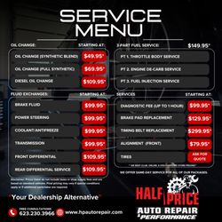 Half Price Auto Repair - Service menu board at our 23910 N 19th Ave shop--featuring affordable pricing on oil changes, diagnostics, and more!