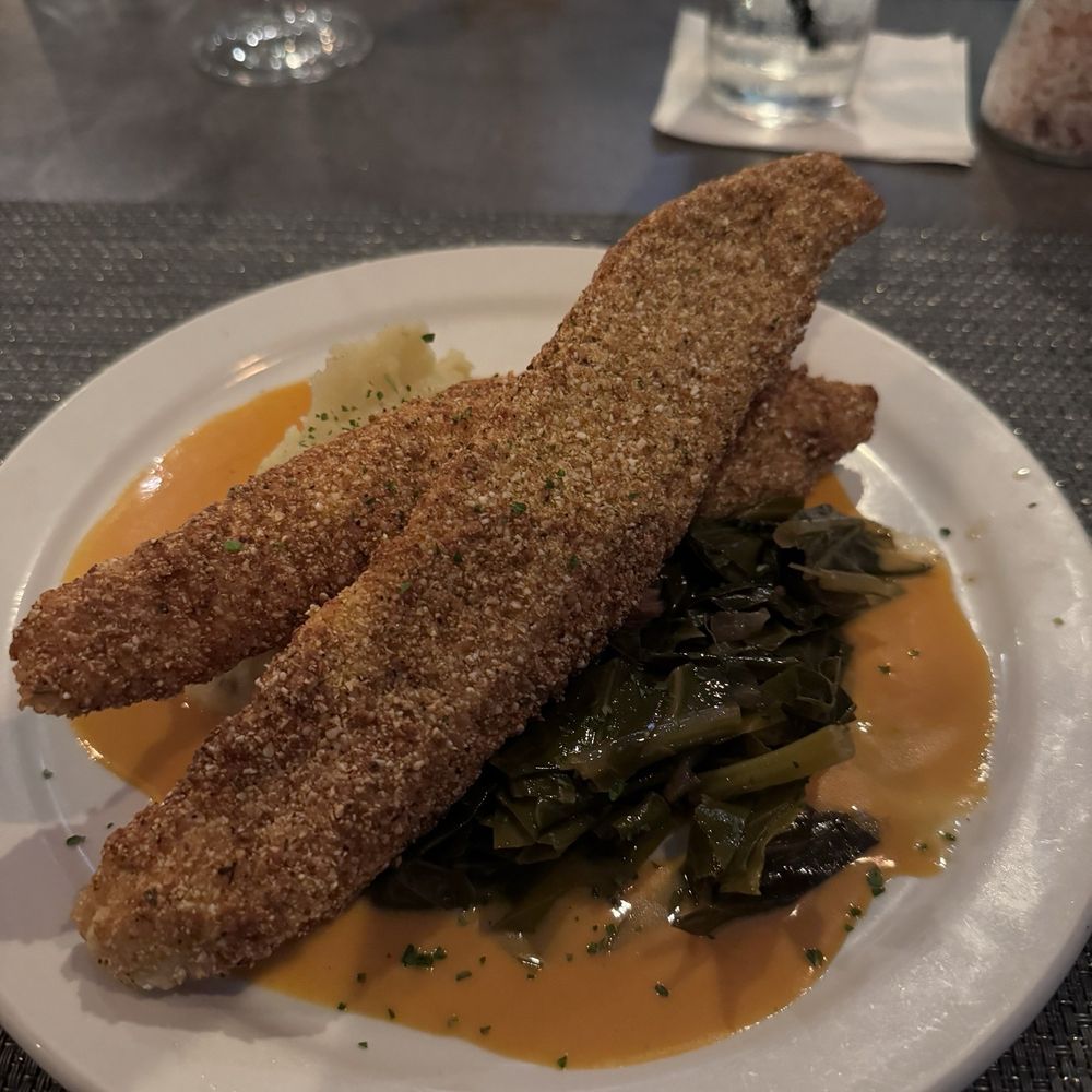 Victor's Wood Grill - Southern Fried Catfish with greens and mashed potatoes - Seafood Near Me - Coppell, Texas Victor's Wood Grill - Southern Fried Catfish with greens and mashed potatoes - Seafood Near Me - Coppell, Texas