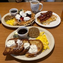 Jimmy's Egg - Berry berry waffle, cinnamon crunch French toast, sausage, scrambled eggs, hash browns and bacon.