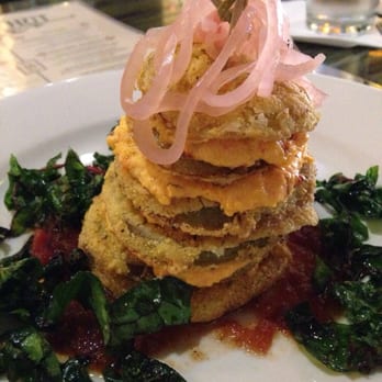 Chestnut - Fried Pickled Green Tomato with pimento cheese, tomato jam, pickled onions and fried kale! So delicious! - New American Near Me - Asheville, North Carolina