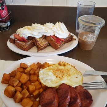 Eggs 'n Things - Waikiki Beach Eggspress - Strawberry hawaiian bread fresh toast Portuguese sausage, over medium eggs and potatoes And starbucks from right down the street - Breakfast & Brunch Near Me - Honolulu, Hawaii Eggs 'n Things - Waikiki Beach Eggspress - Strawberry hawaiian bread fresh toast Portuguese sausage, over medium eggs and potatoes And starbucks from right down the street - Breakfast & Brunch Near Me - Honolulu, Hawaii