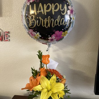 Floral Xpressions - Morning Light floral arrangement with Birthday balloon. Beautiful base too! - Florists Near Me - El Centro, California Floral Xpressions - Morning Light floral arrangement with Birthday balloon. Beautiful base too! - Florists Near Me - El Centro, California