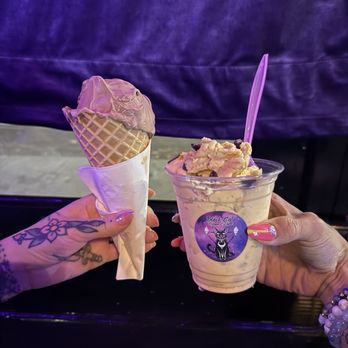 Black Cat Frozen Custard - Scoop of Ice in a waffle cone and a vegan concrete (similar to a blizzard) with chocolate cookie dough - Coffee & Tea Near Me - Portland, Oregon Black Cat Frozen Custard - Scoop of Ice in a waffle cone and a vegan concrete (similar to a blizzard) with chocolate cookie dough - Coffee & Tea Near Me - Portland, Oregon