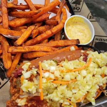Saw's Juke Joint - Crestline - Carolina Hot Dog (chili, slaw, and mustard). Side of sweet potato fries. Honey mustard for dipping. - Barbeque Near Me - Birmingham, Alabama