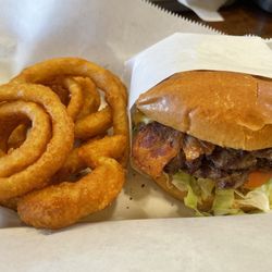 Aspen Street Grill - "Double bacon Burger" w/ lettuce, tomato, onions. + side of onion rings.