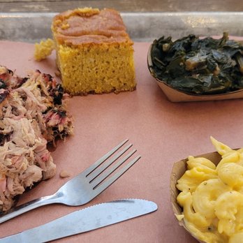 Big Mikes BBQ - Chopped BBQ Plate  Smoked Gouda Mac and Cheese  Collard Greens  Granny's Cornbread - Southern Near Me - Cary, North Carolina