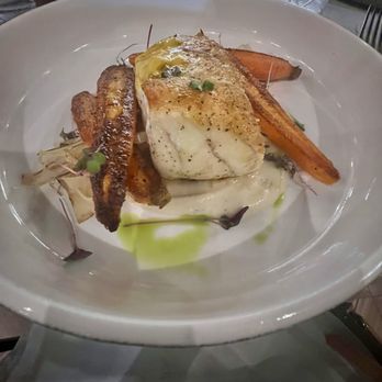 Vybe - Black grouper with glazed carrots, fried leeks, and champagne cream - amazing. - Wine Bars Near Me - Fort Myers, Florida