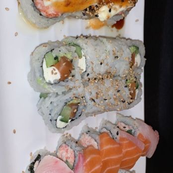Sushi Fever - From left to right: Japanese lasagna, Philadelphia roll, rainbow roll - Japanese Near Me - Cedar Park, Texas