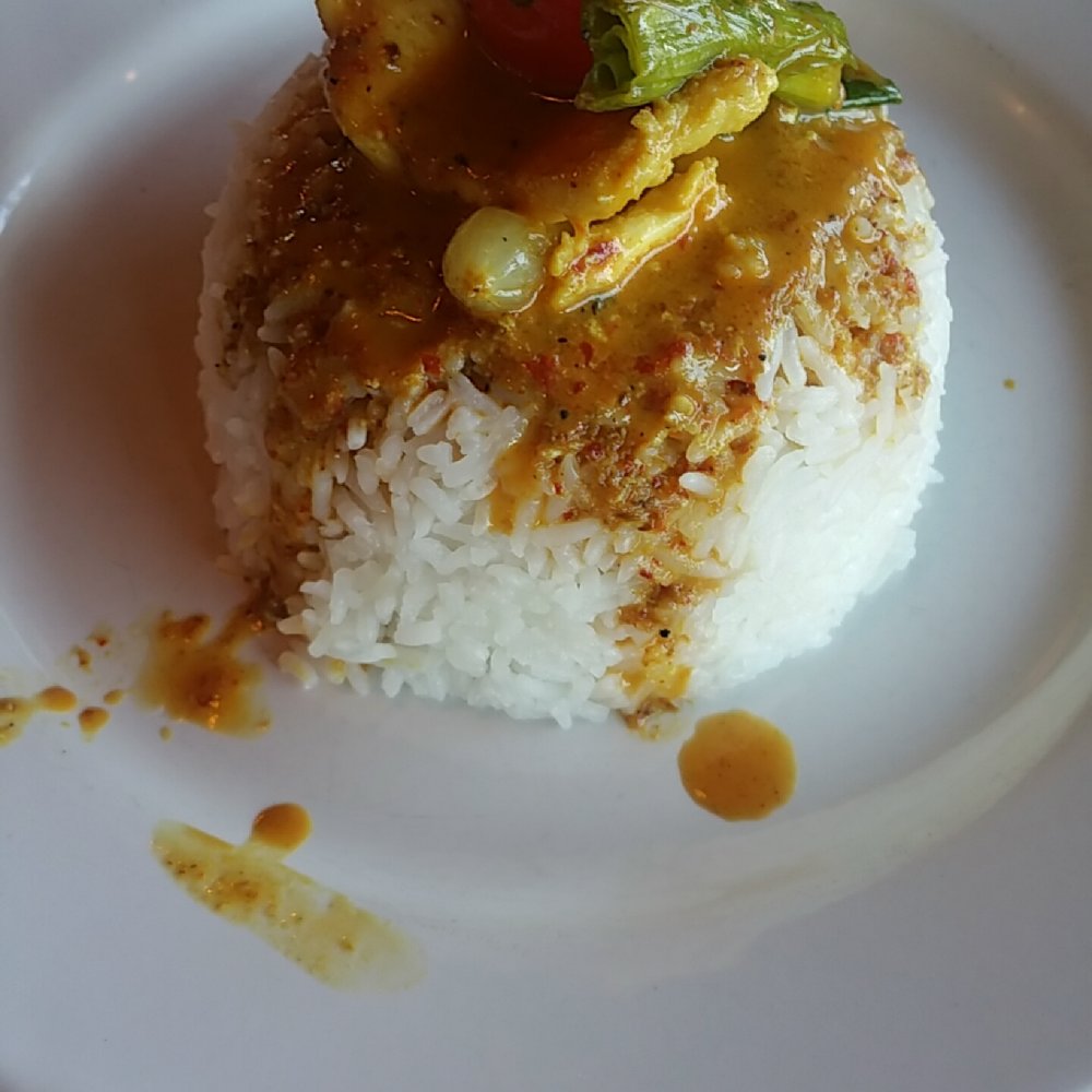 AppeThai - Hubby wanted to get creative, lol.  Chicken yellow curry over Jasmine rice. (His food art) - Thai Near Me - Brown Deer, Wisconsin