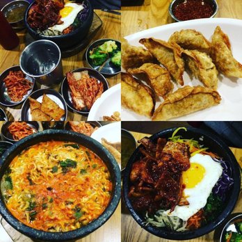 Spoon - Spicy ramen, potstickers, banchan, some sort of stone rice bowl - Korean Near Me - Berkeley, California Spoon - Spicy ramen, potstickers, banchan, some sort of stone rice bowl - Korean Near Me - Berkeley, California