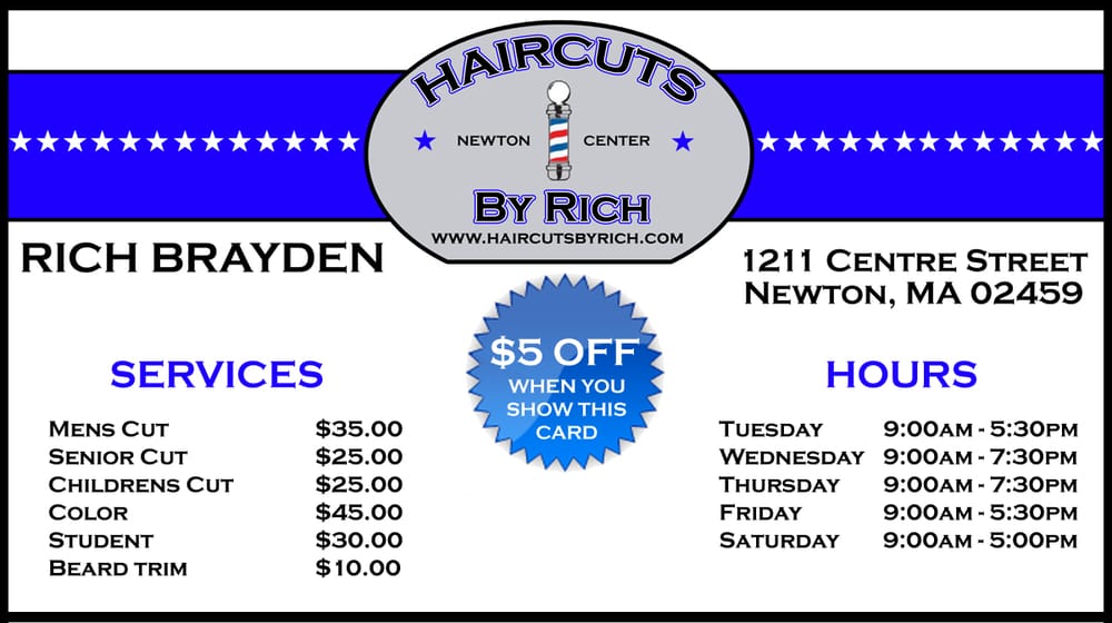 HAIRCUTS BY RICH 1211 Center St, Newton Centre, Massachusetts Barbers Phone Number Yelp