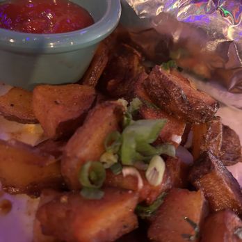 Cantina Los Caballitos - Spanish potatoes (Delicious) along side Vegan Chorizo Burrito w. Vegan Egg. - Mexican Near Me - Philadelphia, Pennsylvania