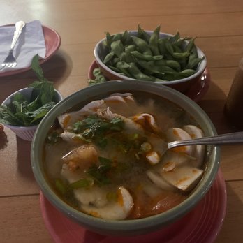 Thai Kitchen - Tom Yum soup with chicken. SO good!!! Edamame's on the side. - Thai Near Me - Temecula, California
