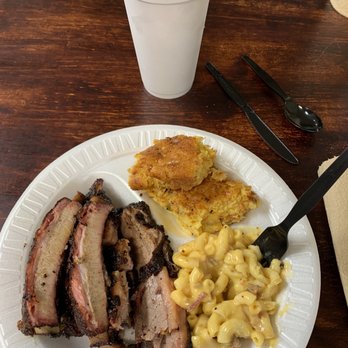 The Rusty Buckle BBQ Company - Two meat plate with moist brisket, ribs, dirty mac and cheese, and corn casserole. - Barbeque Near Me - New Caney, Texas The Rusty Buckle BBQ Company - Two meat plate with moist brisket, ribs, dirty mac and cheese, and corn casserole. - Barbeque Near Me - New Caney, Texas