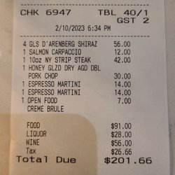 Supper Club - Dinner receipt.  Prices in the expected range. $$$$