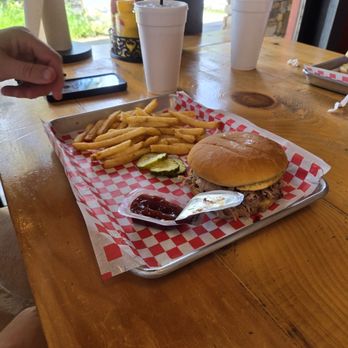 Pink PiG Southern BBQ - Pork sandwich with fries - Southern Near Me - Helen, Georgia Pink PiG Southern BBQ - Pork sandwich with fries - Southern Near Me - Helen, Georgia