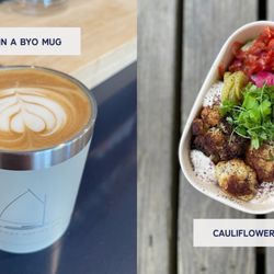 Catboat Coffee - Latte in a Catboat Coffee Co. logo mug. Cauliflower bowl!