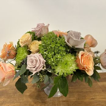 Basic Bitch Blooms - Peachy Compote - featuring peach & lilac roses, green hydrangeas & chrysanthemums in a grey compote. - Florists Near Me