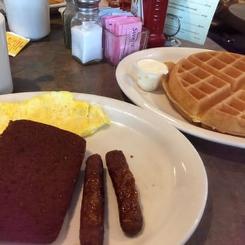 Radcliffe Cafe - Scrapple, sausage, scrambled eggs & waffle. Tasty but I didn't enjoy the scrambled eggs. The eggs needed to be fluffier. - Sandwiches Near Me - Bristol, Pennsylvania
