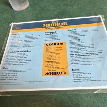 Cafe Mirror - a menu for a restaurant - A printed menu from Cafe Mirror in Brighton, MA, displaying breakfast, lunch, omelets, and combo meal options with prices. - Coffee & Tea Near Me - Brighton, Massachusetts