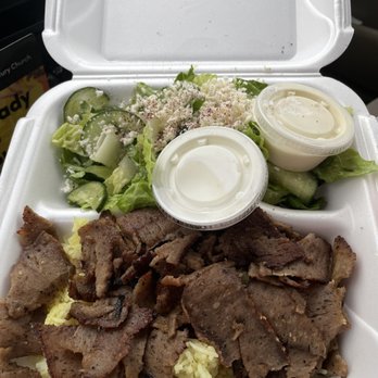 Tikka Grill - Lamb Gyro On Rice and salad with no tomato with olive and banana peppers - Mediterranean Near Me - West Chester, Ohio Tikka Grill - Lamb Gyro On Rice and salad with no tomato with olive and banana peppers - Mediterranean Near Me - West Chester, Ohio