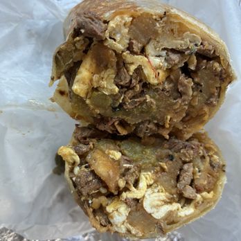 Provecho Calimex - Breakfast Burrito (Eggs, cheese, potatoes, bell pepper, chili poblano, and grilled onion - $17 + Asada $2.00) - Mexican Near Me - Los Angeles, California