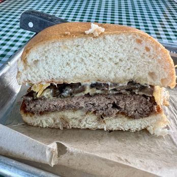 James Ranch Grill - Cross section of the Mushroom Belford Burger (medium well) - New American Near Me - Durango, Colorado James Ranch Grill - Cross section of the Mushroom Belford Burger (medium well) - New American Near Me - Durango, Colorado