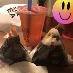 Shrimp tempura, chicken onigiri & lychee tea tree drink, Shrimp tempura, chicken onigiri & lychee tea tree drink,