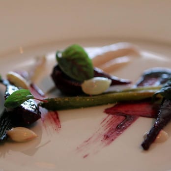 Per Se - Forano Beets "Cuites Sous Vide" Caramelized French Leeks, Green Almonds, Sorrel and Sour Cherry Puree - French Near Me - New York, New York Per Se - Forano Beets "Cuites Sous Vide" Caramelized French Leeks, Green Almonds, Sorrel and Sour Cherry Puree - French Near Me - New York, New York