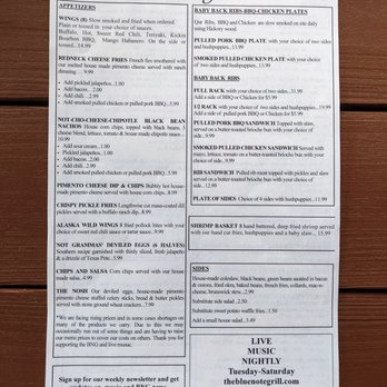 The Blue Note Grill - Food menu, 1 of 2. Appetizers, BBQ, ribs, sides, and more. - American Near Me - Durham, North Carolina