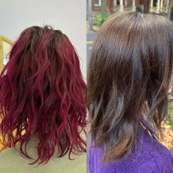 Temple Soulon - My daughter's home dye job on the left. Amanda's miracle restoration on the right.