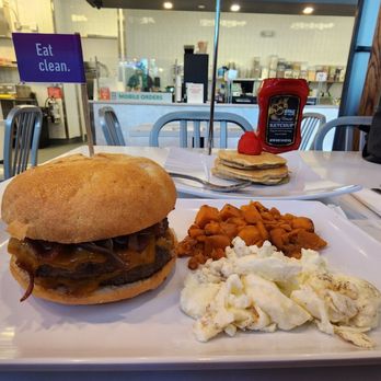 PROTEINHOUSE - Muscle builder burger with sweet potato rounds and egg whites, south beach pancakes - Juice Bars & Smoothies Near Me - Tampa, Florida PROTEINHOUSE - Muscle builder burger with sweet potato rounds and egg whites, south beach pancakes - Juice Bars & Smoothies Near Me - Tampa, Florida